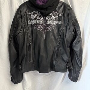 Women's Harley Davidson Black Leather Jacket With Purple Accents hood 1W